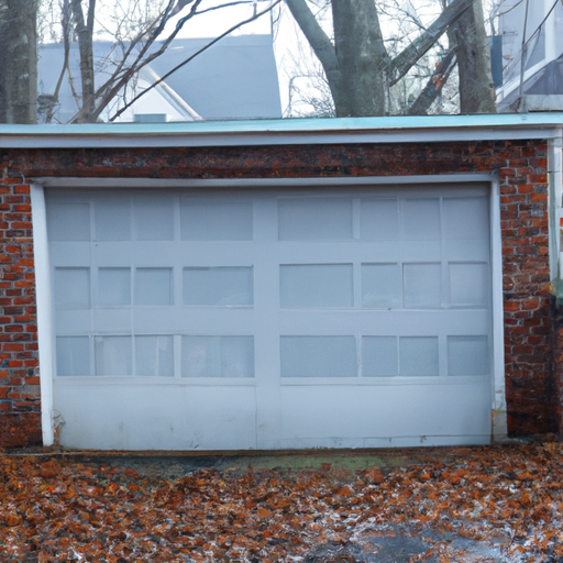 Suburban garage door in Cambridge, MA with visible bottom weatherstrip and frost on the threshold.