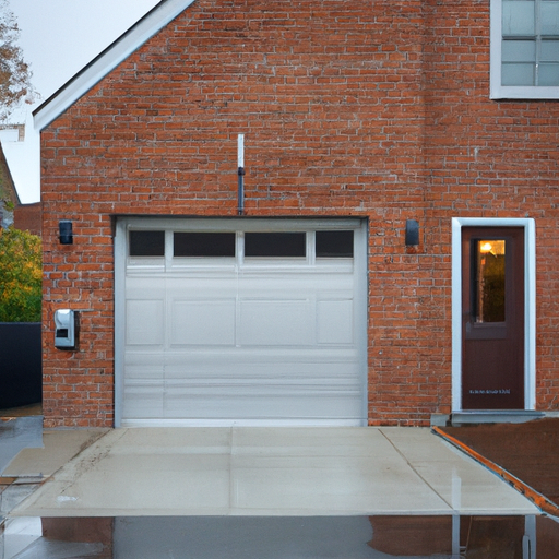 Cambridge home exterior with modern garage door and visible smart garage module, wet pavement, brick facade, no people.