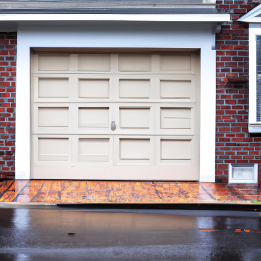 Suburban Cambridge home garage door at dawn with visible panels, tracks, and new weatherstripping; wet pavement reflects soft light.
