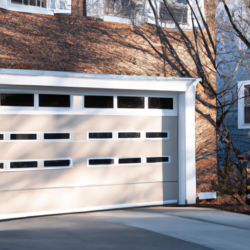 Modern sectional garage door on a Cambridge, MA home, visible opener hardware and driveway, no people.