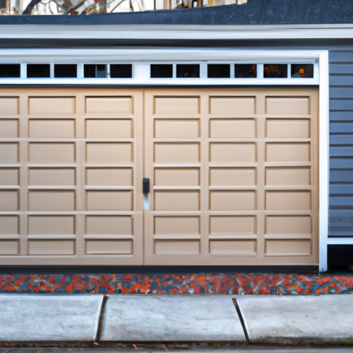 Exterior view of a residential garage door in a Cambridge, MA neighborhood at late afternoon light; no people.