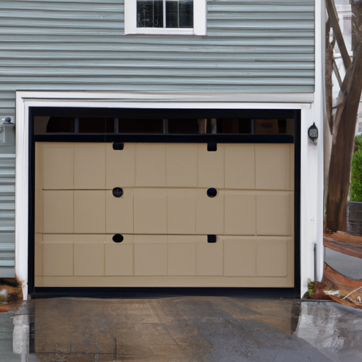 Insulated sectional garage door on a Cambridge, MA home with visible tracks and hardware, wet driveway after light rain.