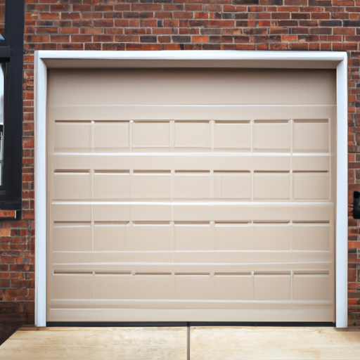 Closed insulated garage door on a brick Cambridge home showing panel texture and weatherseal at threshold.