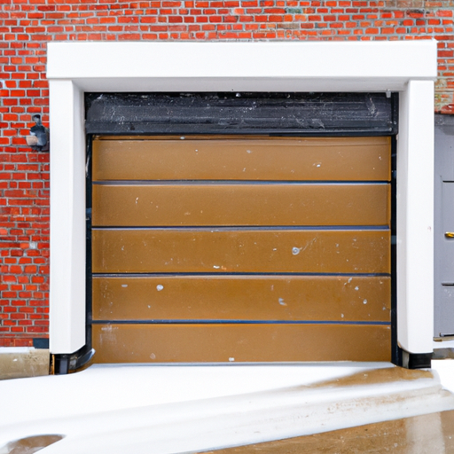 Insulated sectional garage door with visible weather seals and threshold in Cambridge, MA, light snow on ground