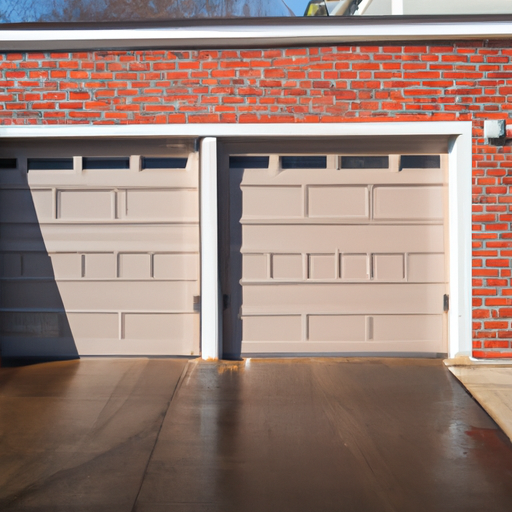 Gray sectional garage door on a red brick Cambridge, MA home with visible tracks and wet pavement.