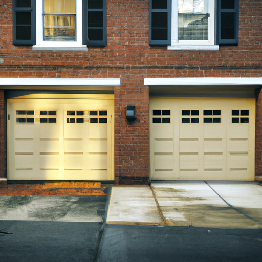 Cambridge townhouse garage door closed with visible tracks and hardware on a clean driveway at morning light.