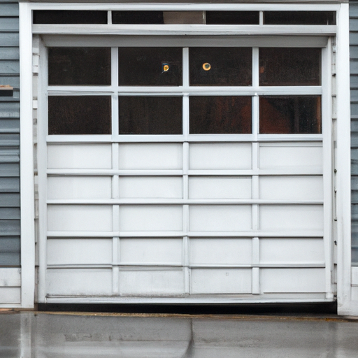 Residential garage door in Cambridge, MA showing bottom seal and threshold with wet pavement and light road salt nearby.