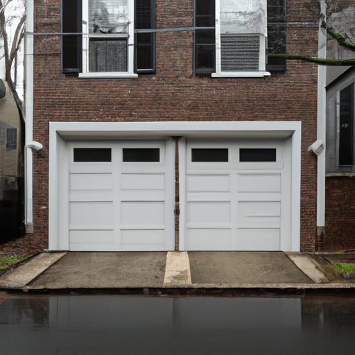 Newly installed sectional garage door on a brick Cambridge, MA home on a wet, tree-lined street