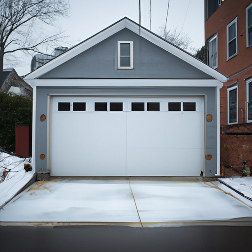 Residential insulated garage door with visible bottom seal and threshold in Cambridge, MA during cloudy weather.