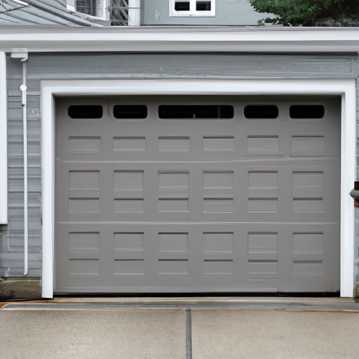 Suburban Cambridge garage with a sectional garage door slightly open, damp driveway visible, door hardware in view