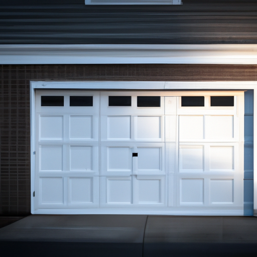 Suburban Cambridge MA residential garage with a closed sectional door, driveway, and house facade in soft morning light.