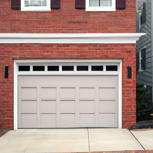Exterior view of a residential garage door on a brick Cambridge house, showing panels, threshold, and weatherstripping.
