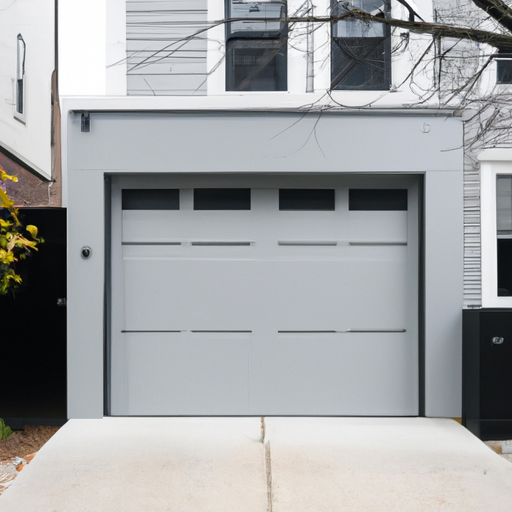 Modern insulated gray garage door on a Cambridge, MA residential home on a cloudy afternoon, no people visible.