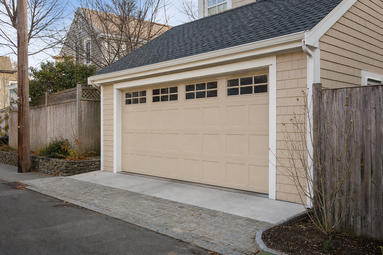 Garage door exterior at a Cambridge, MA home on a quiet residential street