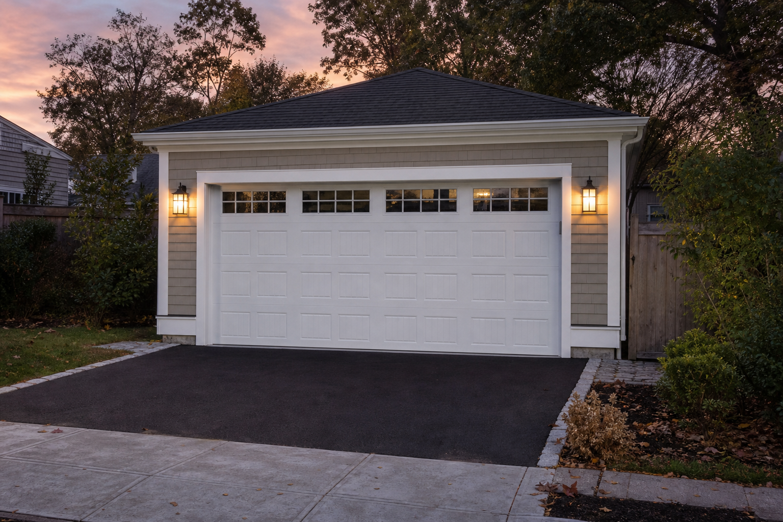 Quiet suburban garage exterior in Cambridge, MA with the garage door visible at dusk